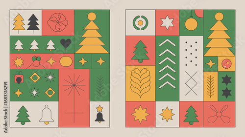 Vector art of geometric christmas pattern with trees and ornaments design 