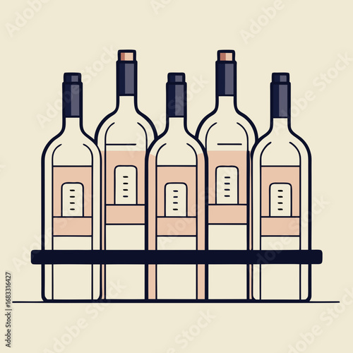 Five stylized bottles of ros wine in a holder