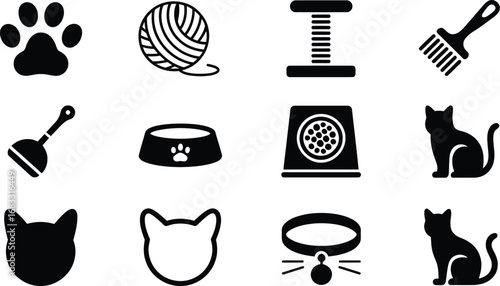 Collection of black and white cat related icons and symbols on white background