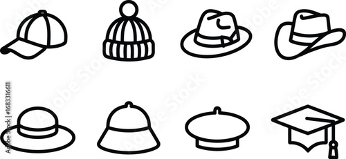 Collection of eight different hand drawn hat icons on a white background
