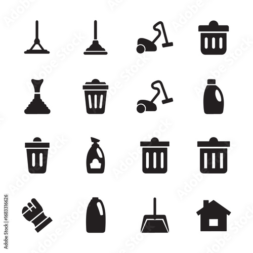 16 House Cleaning Icons Bundle | Housekeeping Equipment Icon Pack, Simple Vector Symbols