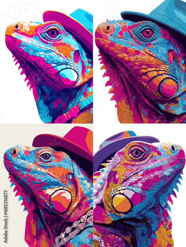 Pop art iguana portraits with hats, featuring bold colors, funky style, and modern artistic expression of reptile wildlife.