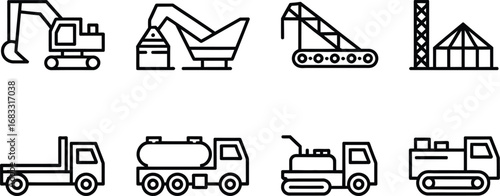 Collection of construction and heavy machinery line art icons for industry and building projects