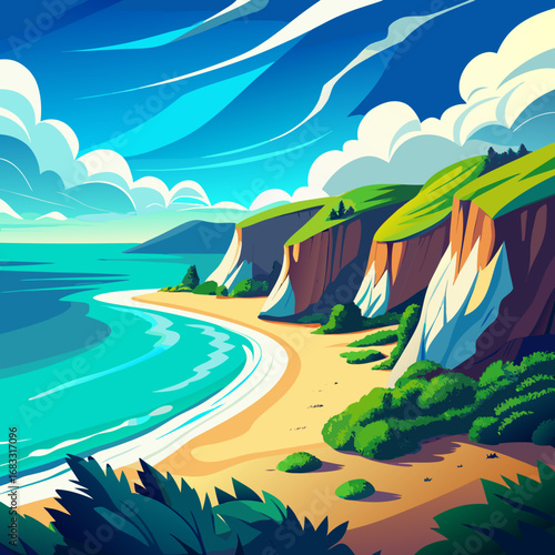 Vibrant coastal cliffs meet turquoise ocean waves on a sunny day