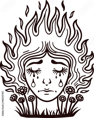Sad female face with tears surrounded by flames and wildflowers in hand drawn illustration