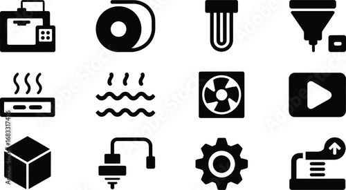 Collection of black and white icons representing 3d printing technology and components