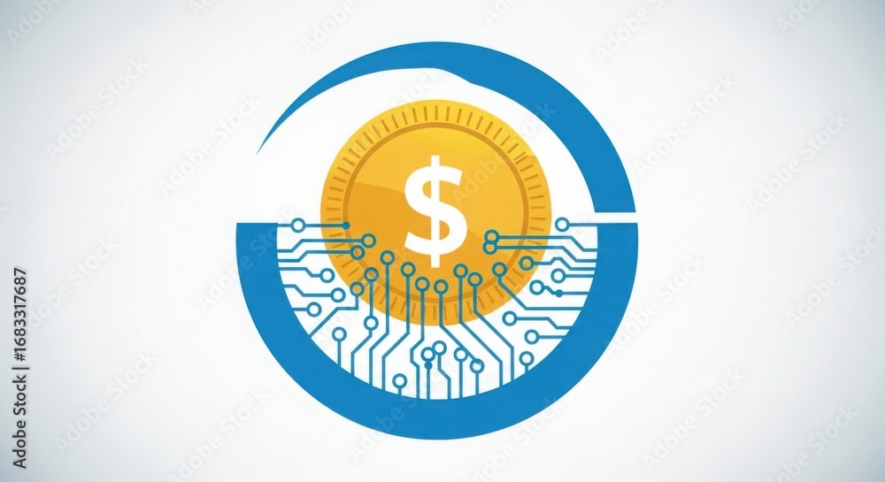 Naklejka premium A gold coin with a dollar sign inside a blue circle with circuit board lines on a white background