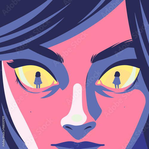 Striking illustration of a woman with vibrant eyes showing reflection