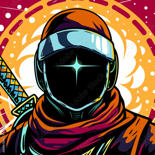 Vibrant ninja warrior with sword and glowing background