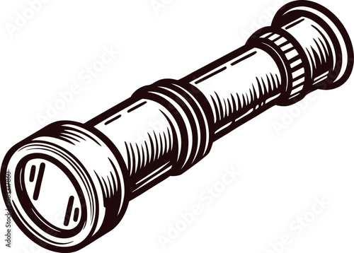 Hand drawn antique spyglass illustration in vintage engraving isolated on white background