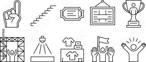 Collection of sports event icons representing victory celebration and fan engagement