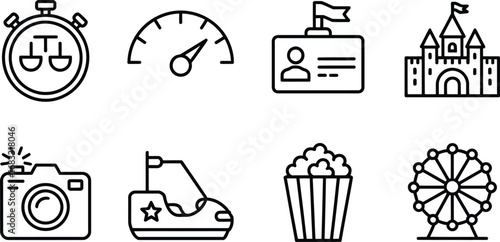 Collection of amusement park and event icons including stopwatch camera and ferris wheel