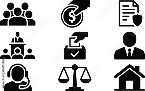 Collection of business and legal icons representing finance and services