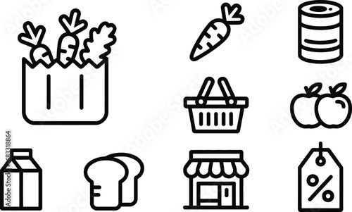 Collection of grocery shopping icons representing food and retail store elements