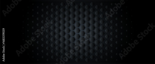 Black technology pattern, dark hexagonal texture, 3D honeycomb background, modern geometric backdrop for digital tech, sport game, cinematic wallpaper, conference presentation. Vector illustration