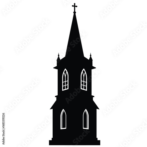 Black church steeple silhouette with cross white