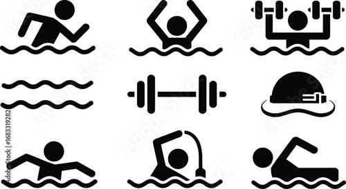 Collection of swimming and fitness icons representing water sports and exercise