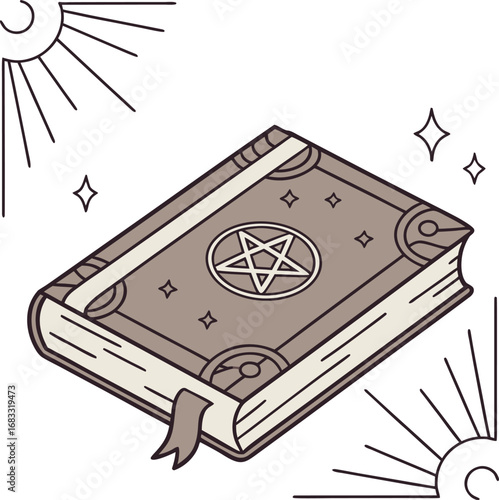 Mystical grimoire with pentagram and celestial accents conjuring ancient knowledge vector