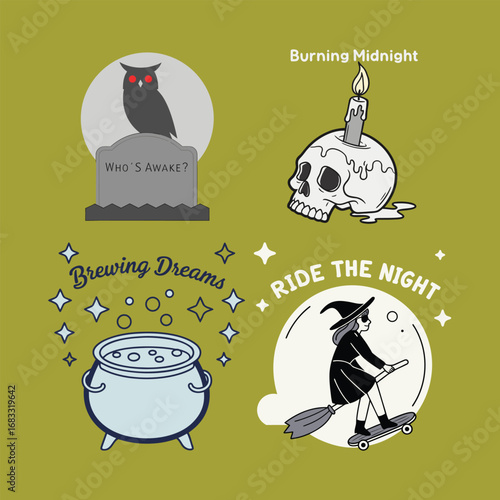 Spooky halloween illustrations featuring witch owl skull cauldron and spellbinding imagery vector