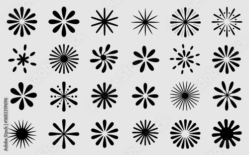 Vector art of collection of twenty four black flower icons on