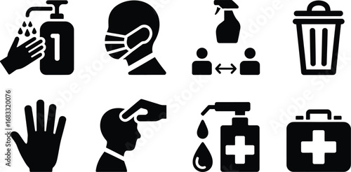 Collection of hygiene and safety icons for health and prevention measures