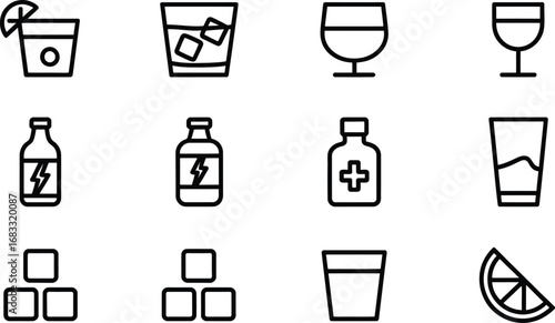 Set of simple line art icons representing drinks and bar essentials