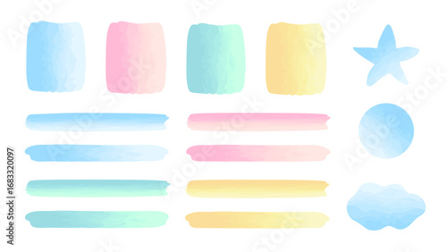 Watercolor multi-color brush strokes set isolated on white background. Spots and stripes of pastel pink, light blue, green and yellow color with paint texture, hand drawn effect. Vector illustration.