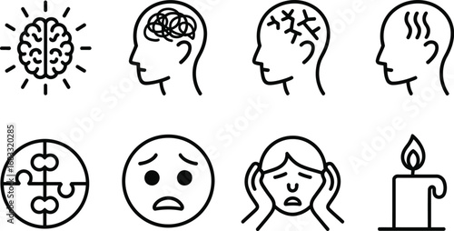 Set of icons representing mental health challenges and cognitive processes