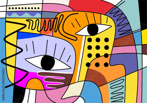 modern cubist abstract portrait featuring two expressive eyes within fragmented geometric shapes.