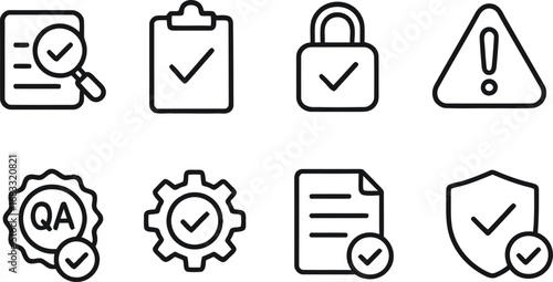 Collection of modern outline icons representing quality assurance and security concepts