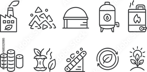 Set of clean energy and renewable resource icons in outline style