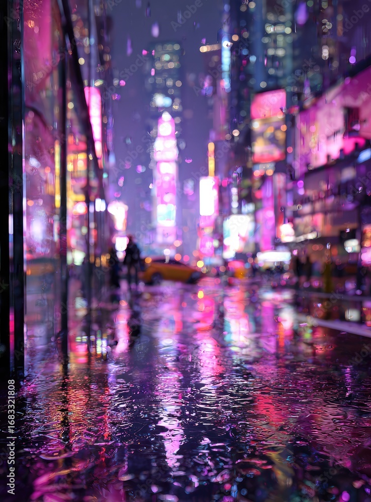 Fototapeta premium Rainy, neon-lit city street at night