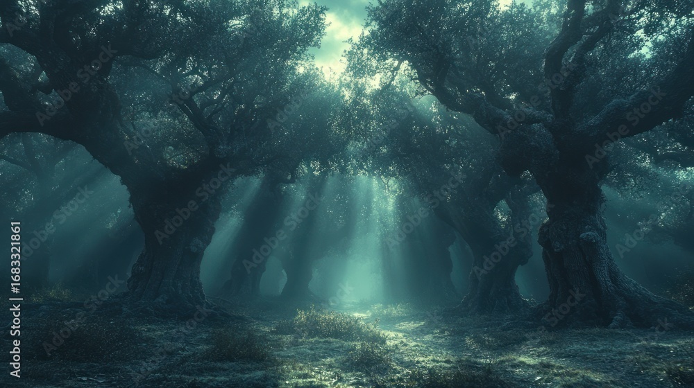 Fototapeta premium Mysterious, sunlit path through ancient olive grove, shrouded in mist.