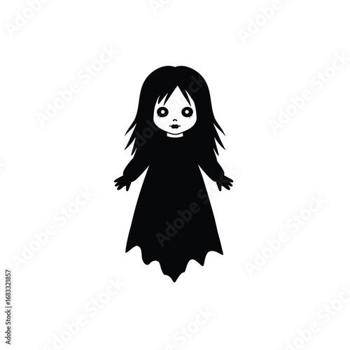 Black silhouette of a spooky doll with long hair haunted