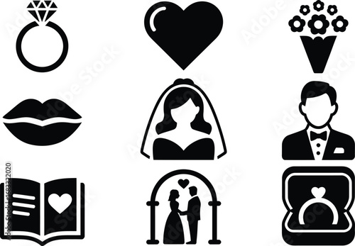 Collection of wedding icons including rings bride groom and bouquet