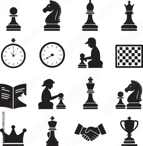 Chess game icons with king queen knight pawn and chessboard Keywords: chess, game, strategy