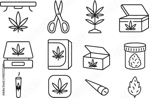 Collection of hand drawn cannabis related icons and illustrations for medical marijuana