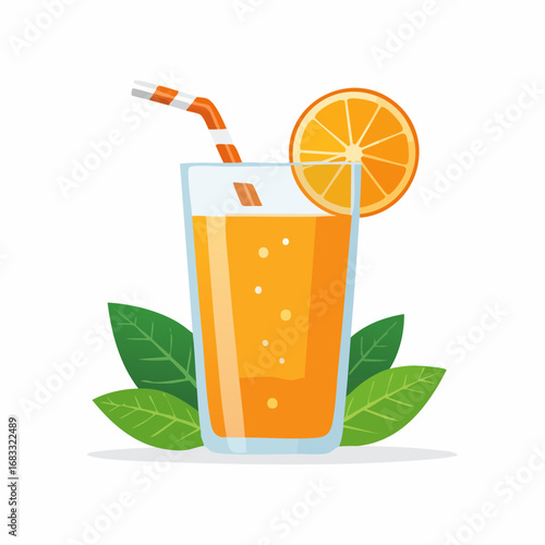 Fresh Orange Juice In Glass With Orange Slice And Straw