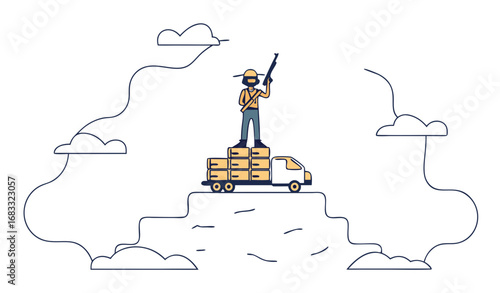 A lone gangster standing on top of a truck in a gold mine, holding a weapon, dust and smoke swirling around, gritty cinematic aesthetic."