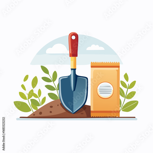 Gardening Illustration With Shovel And Seed Packet
