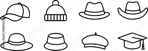 Collection of eight hand drawn line art icons representing different types of hats