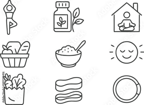 Collection of hand drawn icons representing healthy lifestyle and wellness