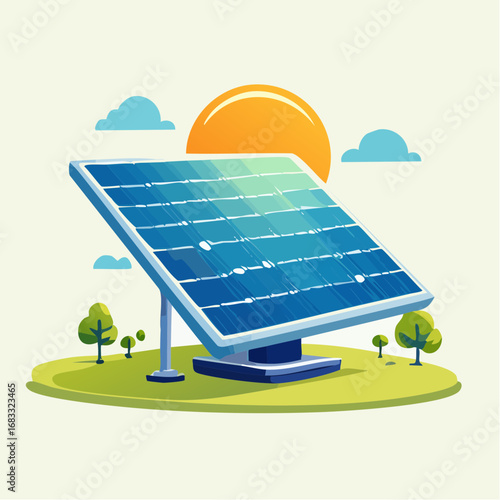 Cartoon Solar Panel Illustration With Sun And Landscape