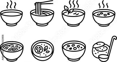 Collection of hand drawn doodle style bowls of hot soup and noodles