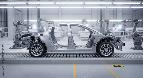 Automated vehicle production line showcasing cutting-edge robotics and manufacturing processes
