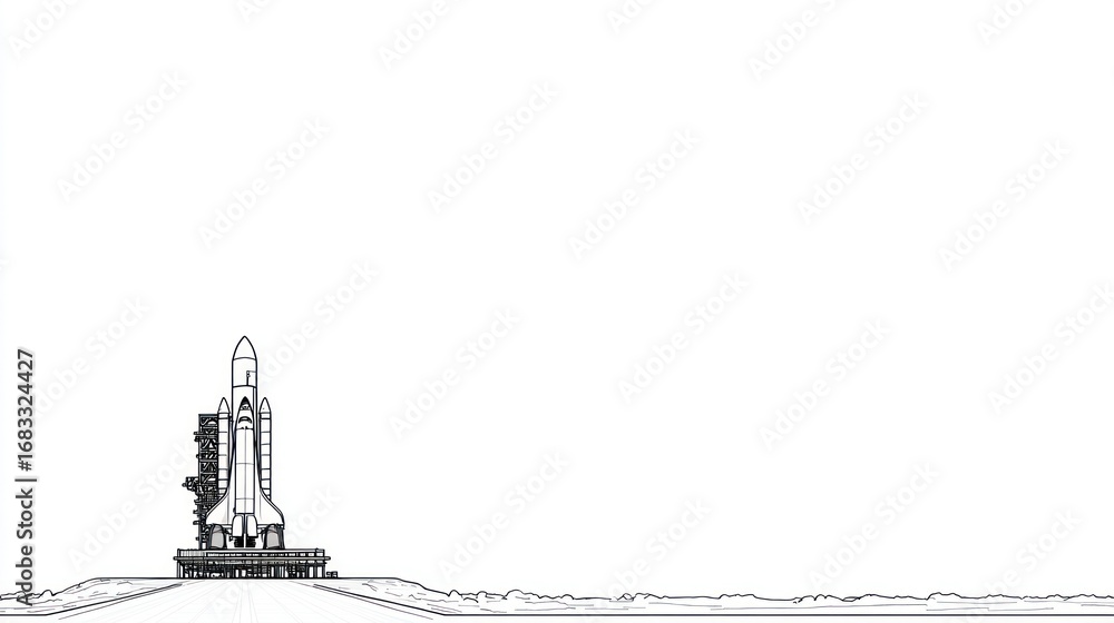 Obraz premium A minimalist line drawing depicts a space shuttle on a launchpad against a stark white background, leaving ample empty space to the right