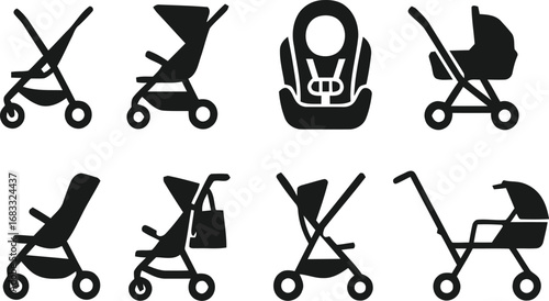 Collection of stroller and baby carrier icons for parenting and travel