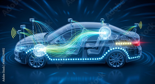 Autonomous vehicle technology depicted with sensors and data streams in future transport