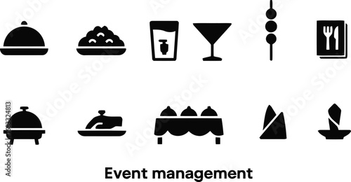 Collection of black icons representing catering and event planning services