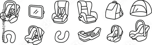Collection of hand drawn car seats and baby carriers for transportation safety
